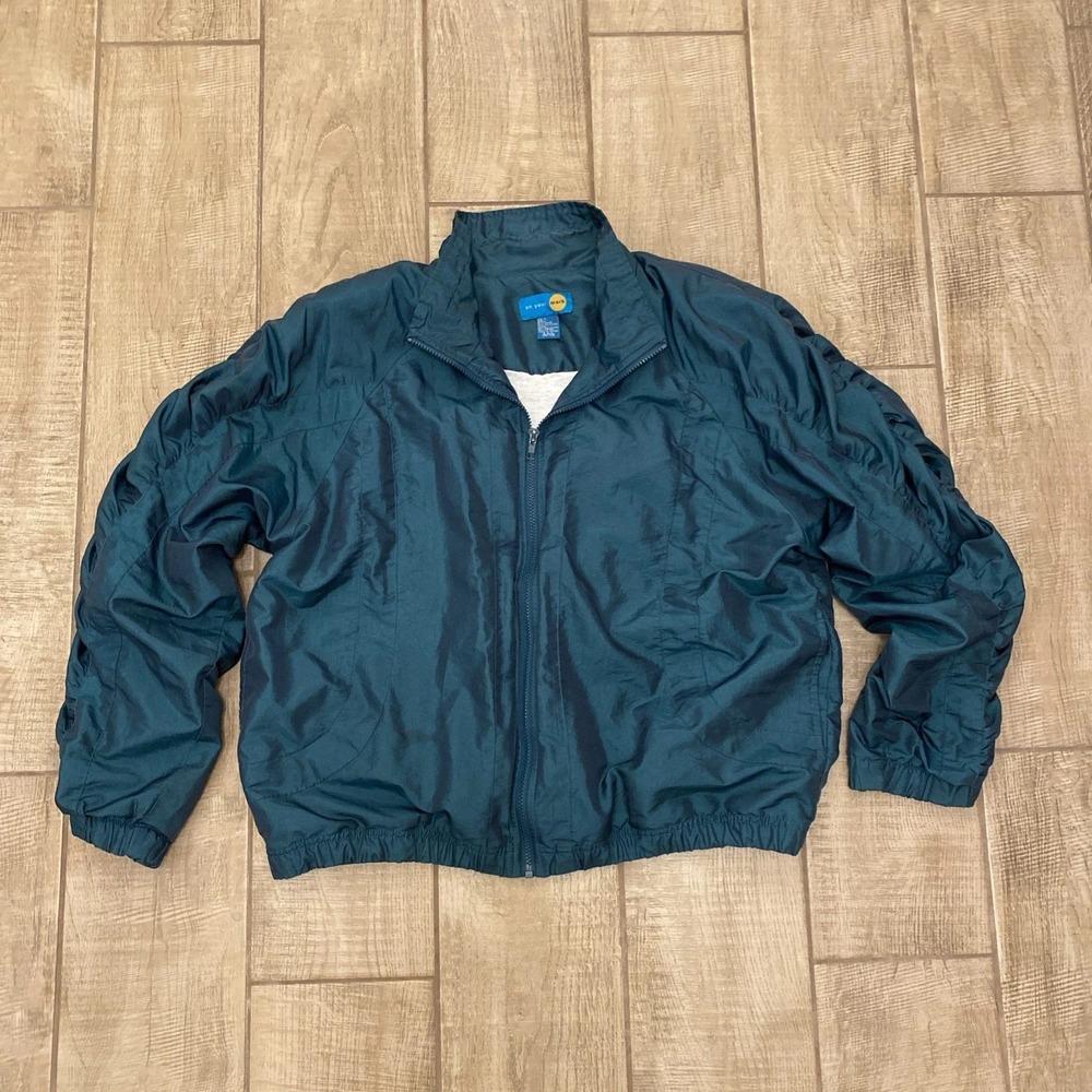 VTG 2 Piece On Your Mark Tracksuit L Windbreaker Teal Green Retro Ruched Sleeves